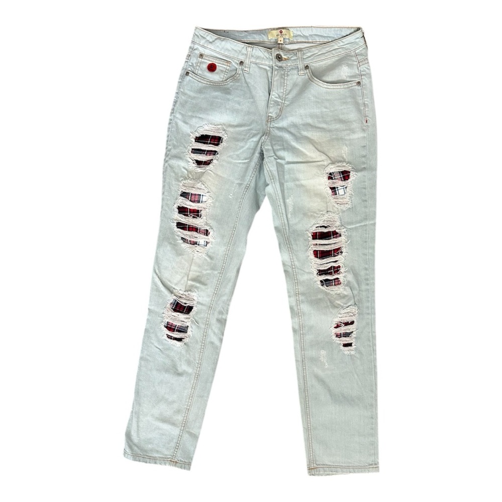 Plaid Patchwork Distressed Jeans – Light Wash